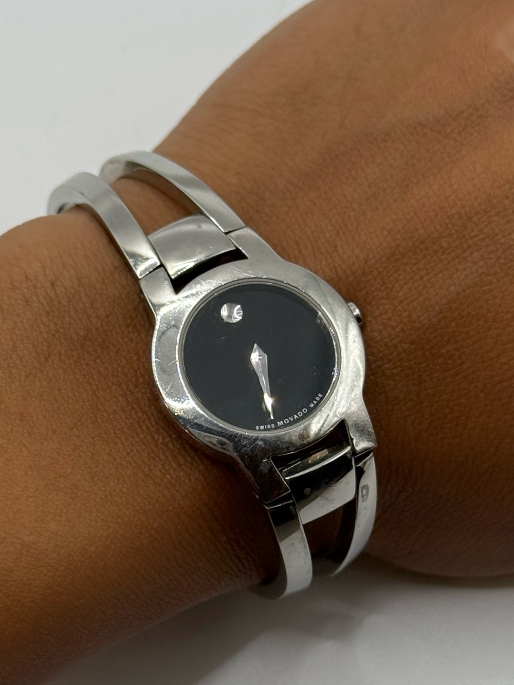 Movado Ladies Silver Tone Dial Bangle Bracelet Watch